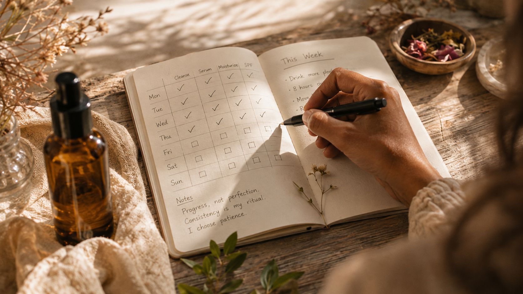 Weekly skincare routine tracker showing consistent care for dark spots and uneven skin tone
