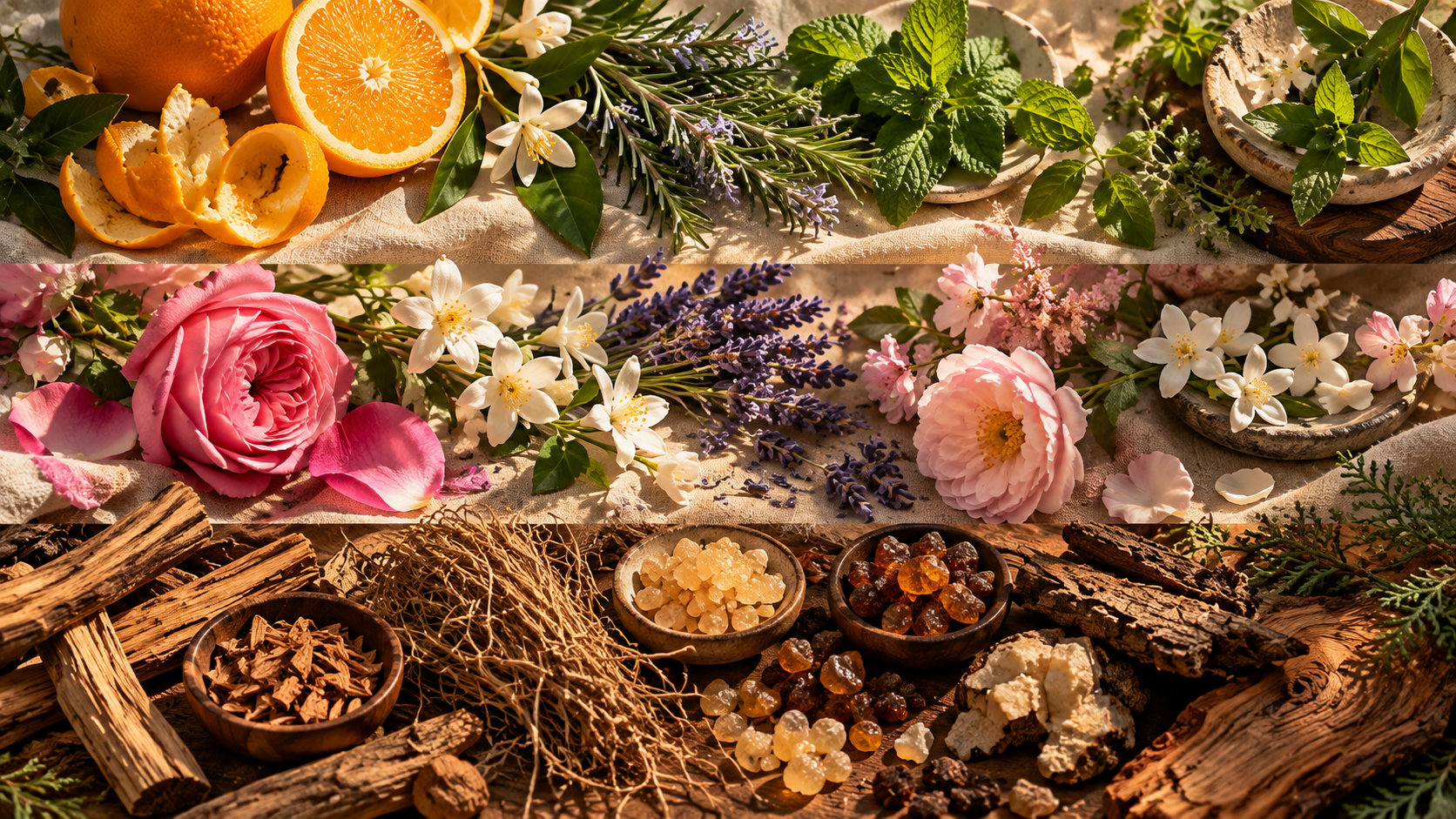 Citrus, herbs, florals, woods, and resins arranged to show how individual scents become a fragrance composition