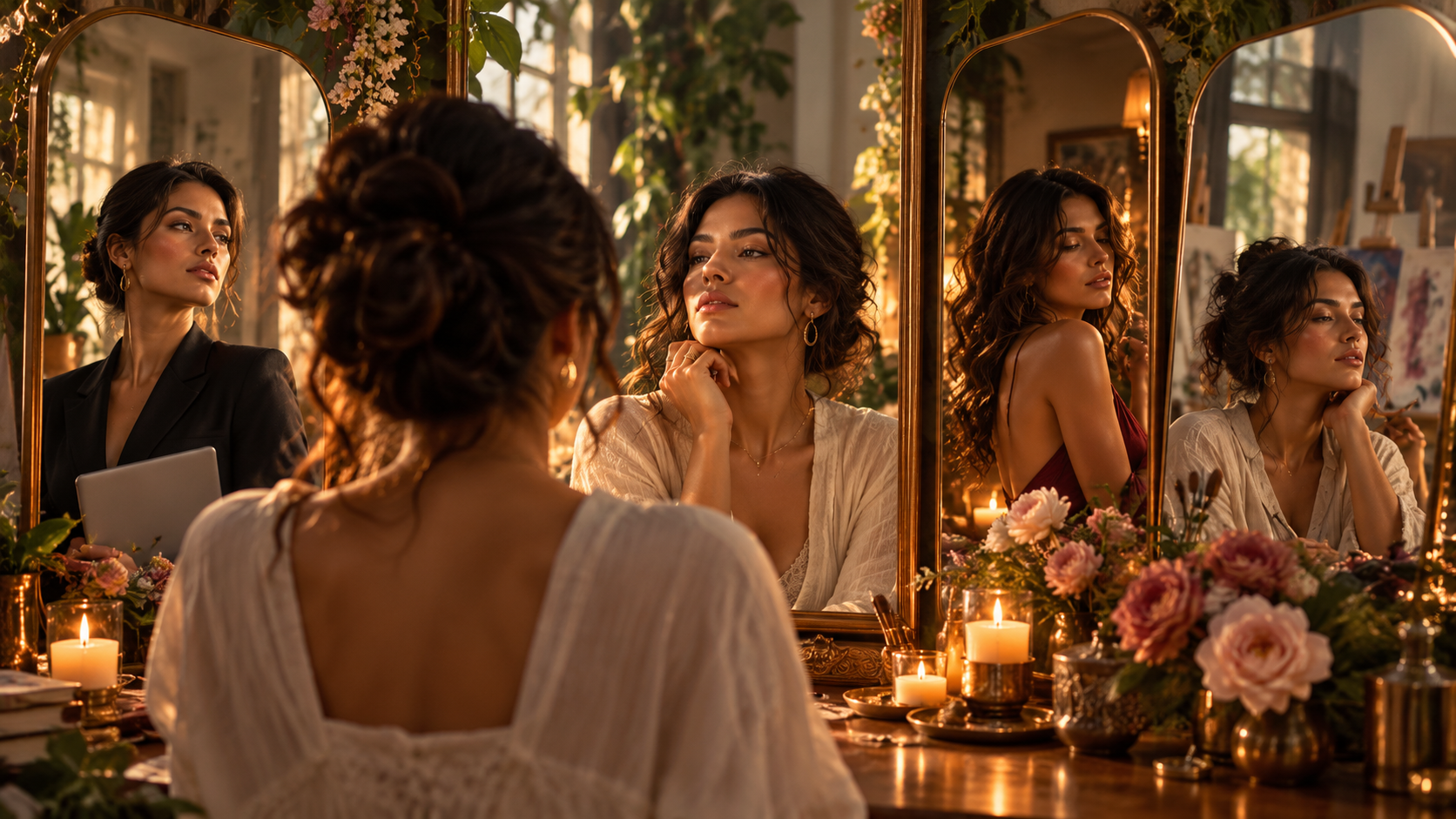 Woman seeing different versions of herself in mirrors representing perfume archetypes and personal identity