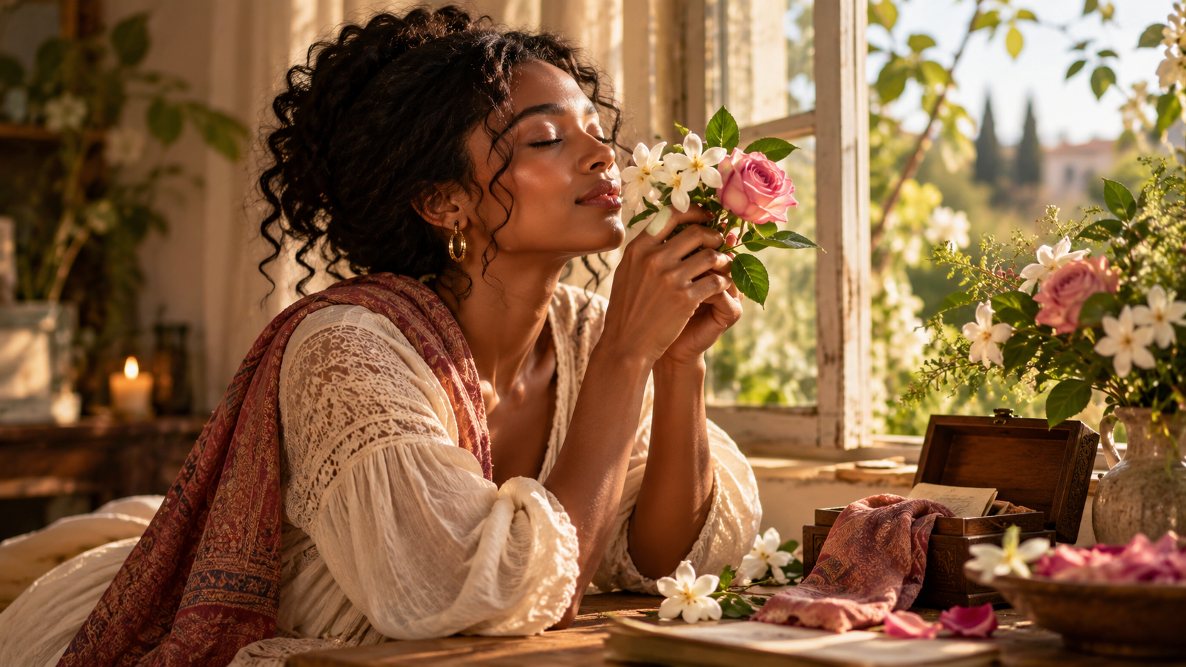 Black woman smelling jasmine and rose in warm natural light representing fragrance, memory, and emotional association