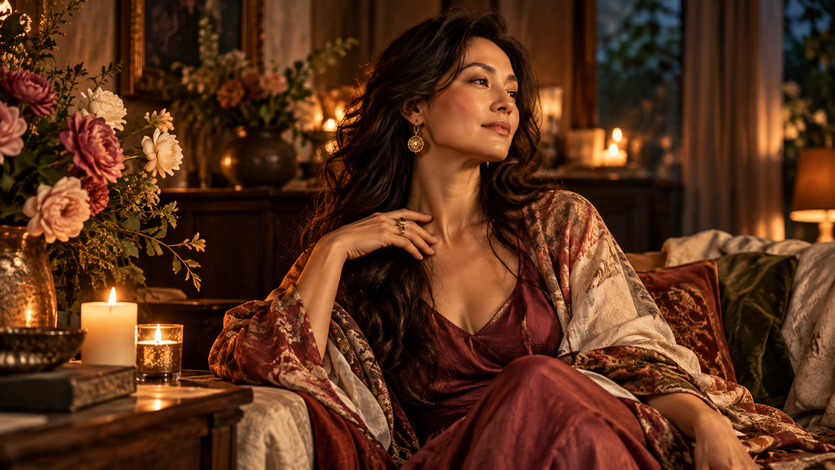 Elegant Asian woman in a warm candlelit setting representing the queen archetype, confidence, and intentional fragrance