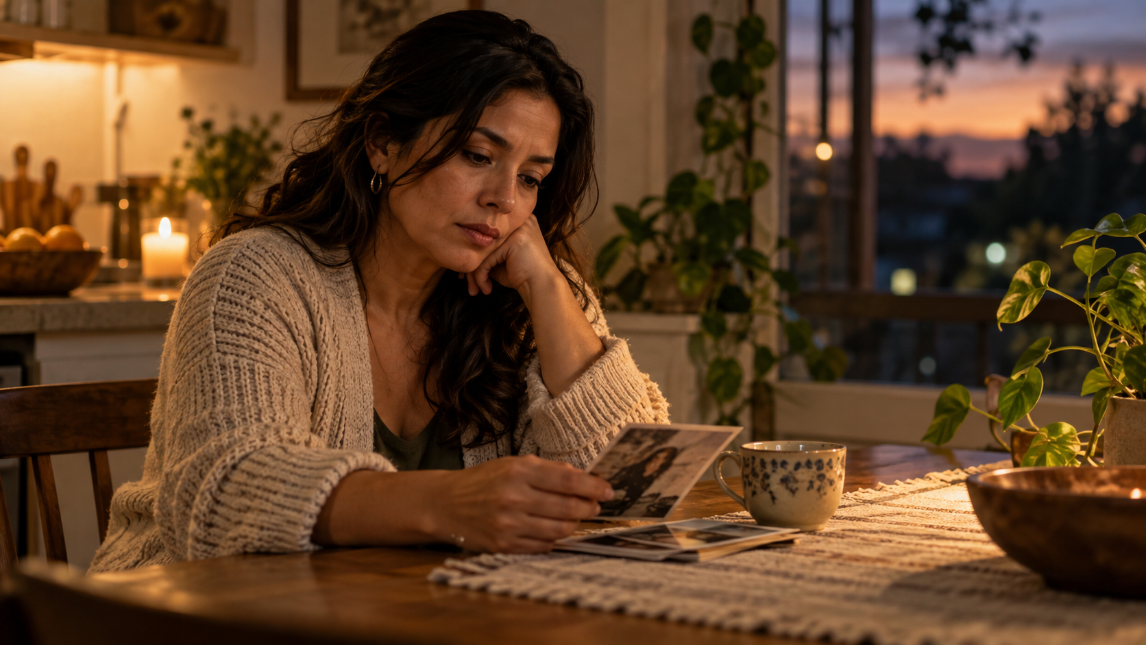 Latina woman looking through family photographs at dusk while reflecting on grief and guilt