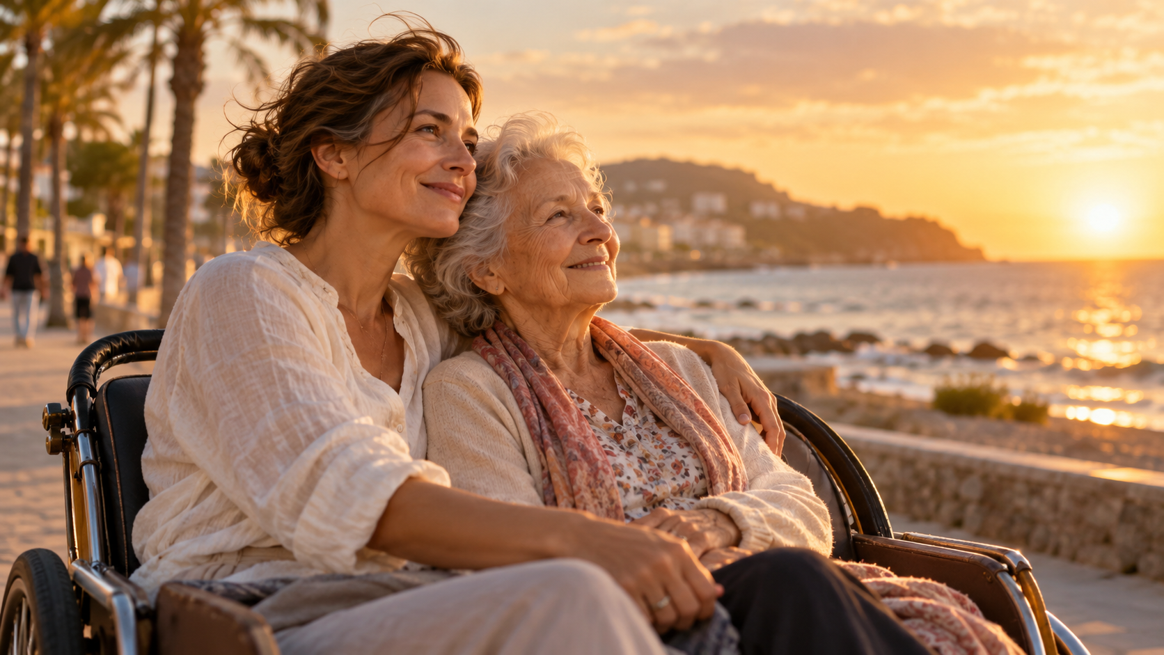 Mother and daughter sharing a peaceful sunset by the sea representing loving memories after loss