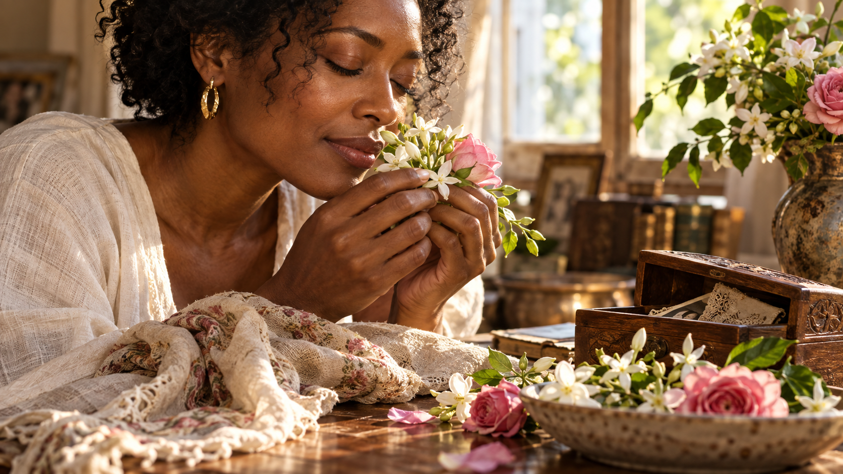 Black woman smelling jasmine and rose beside a keepsake box representing scent memory and remembrance