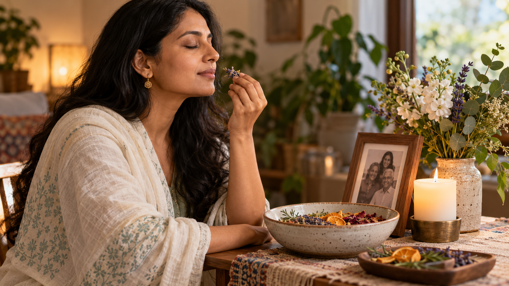 South Asian woman smelling botanicals beside a family photograph and candle during a gentle remembrance ritual