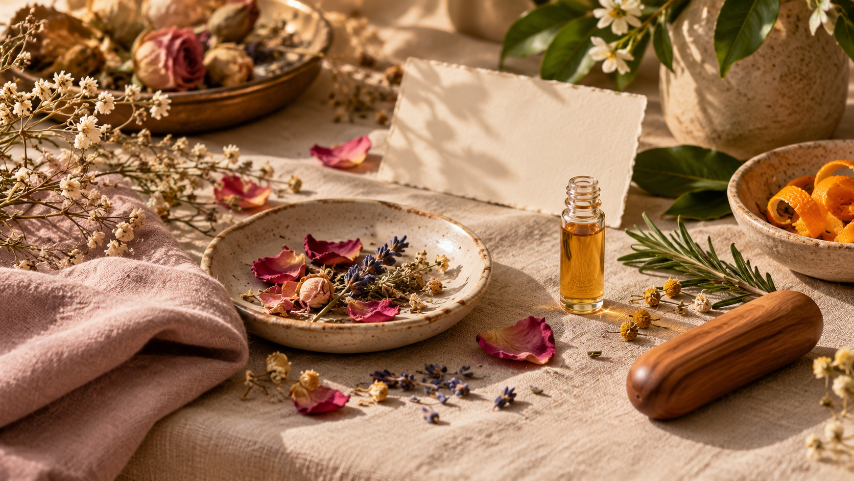 Rose petals, lavender, rosemary, orange peel and botanical ritual objects arranged in warm natural light