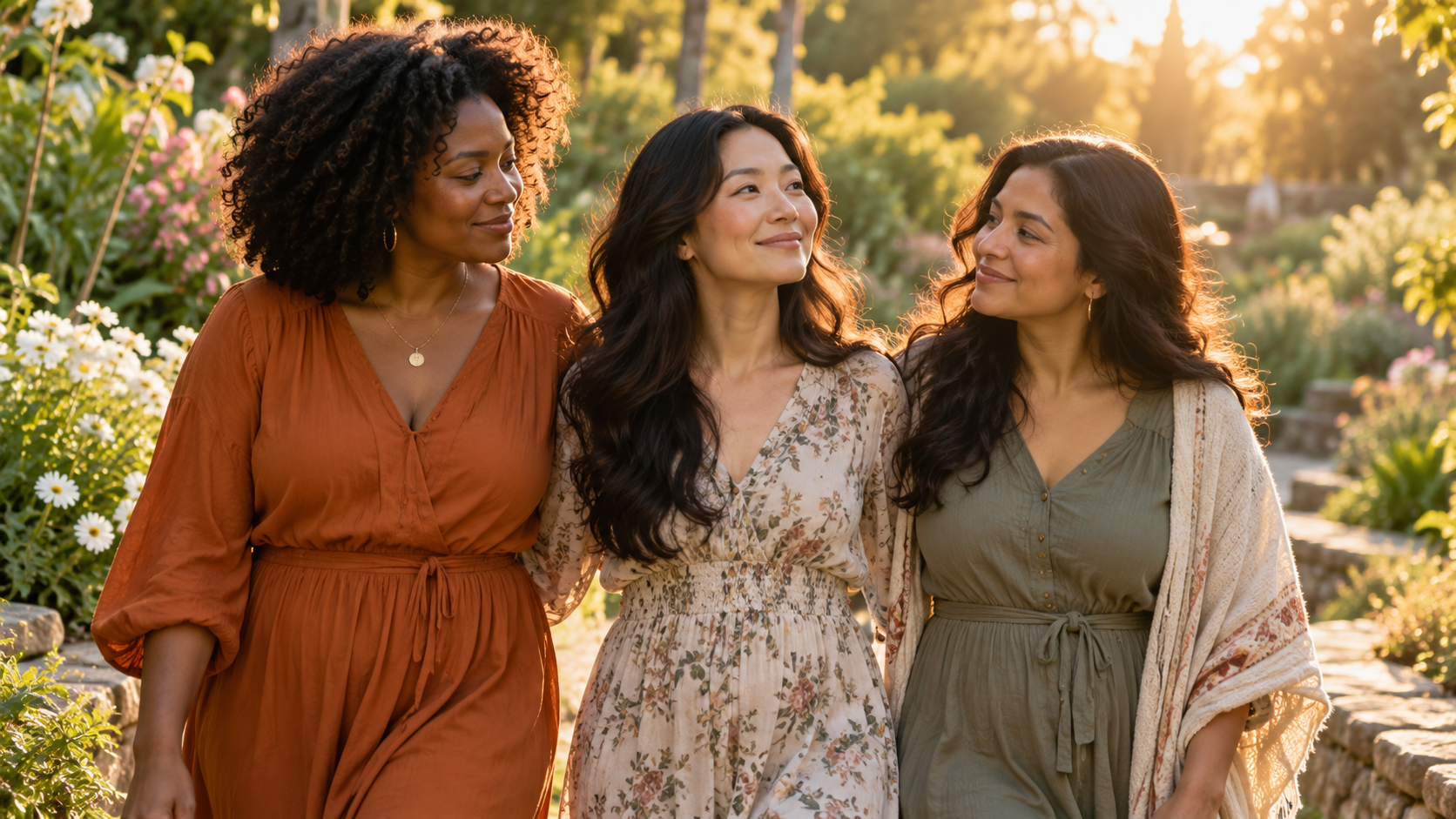Diverse women walking together in a sunlit garden representing support, remembrance and carrying love forward