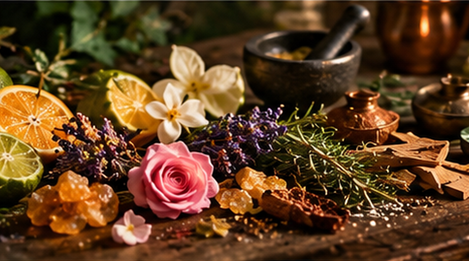Citrus, rose, lavender, herbs, woods and resins arranged as botanical fragrance ingredients