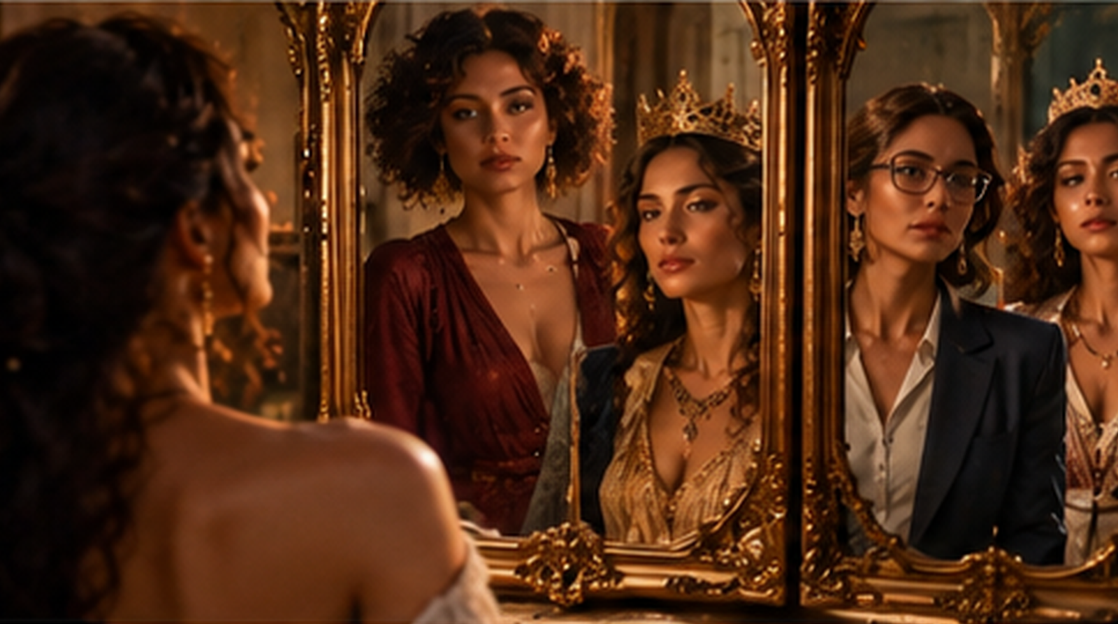 Woman looking into mirrors showing different versions of herself including professional, expressive and regal identities