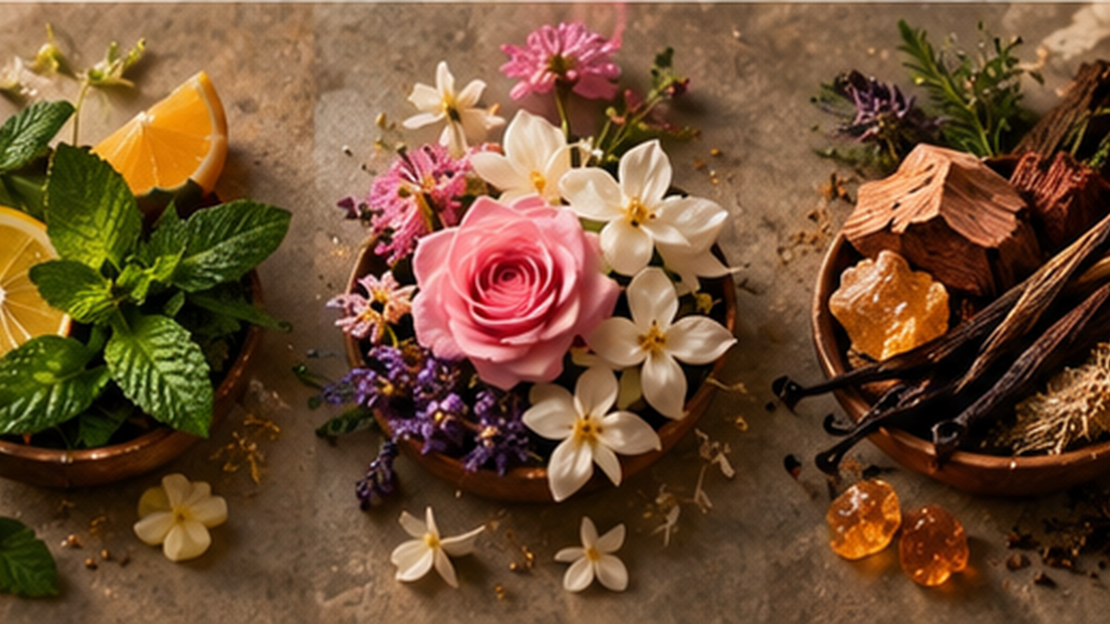 Citrus, mint, florals, woods and resins arranged in three botanical fragrance groups