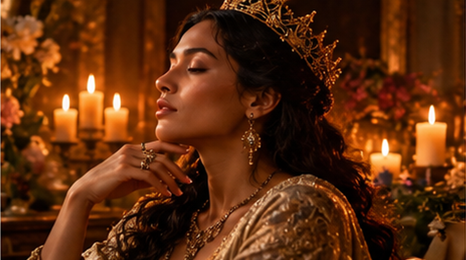 Woman in an elegant candlelit setting with eyes closed during a quiet moment of reflection