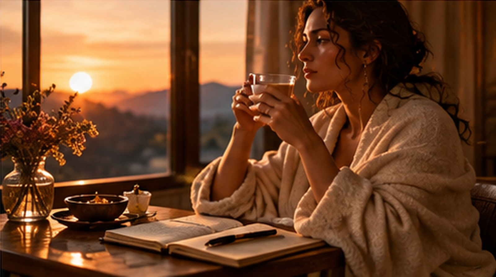 Woman sitting by a sunset window with a journal and warm drink during a quiet reflection practice