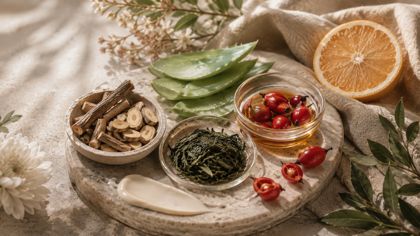 Botanical skincare ingredients including licorice root, aloe vera, green tea and rosehip