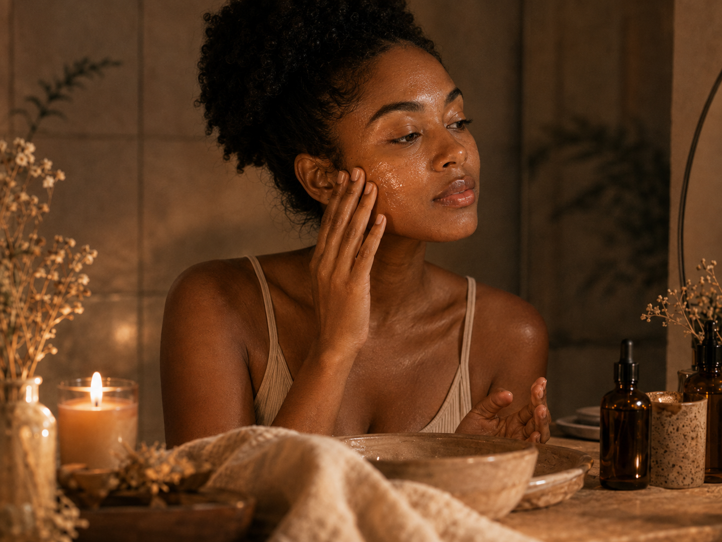 Black woman applying skincare during a calm evening ritual for dark spots and skin repair