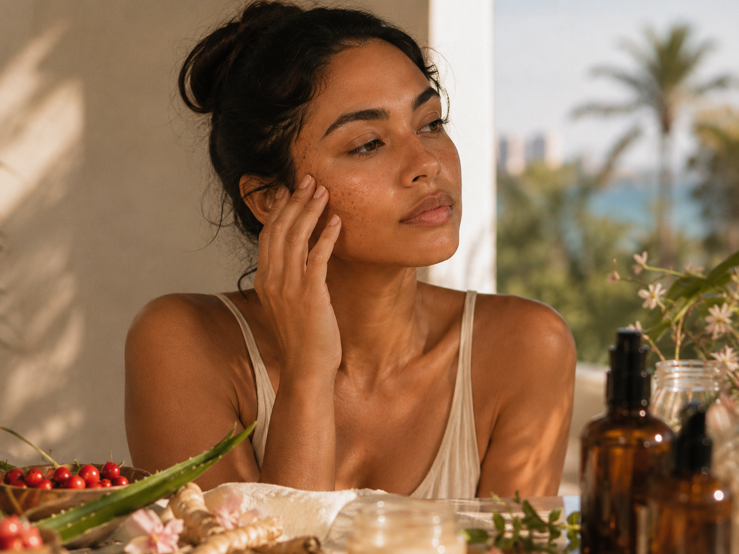 Woman applying a gentle morning skincare routine for dark spots and glowing skin